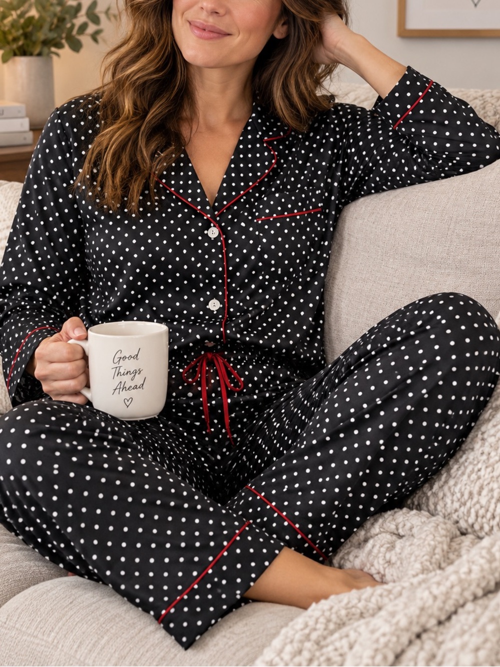 Apt. 9 Intimates Women’s Large Polka Dot Pajama Set Black Red Satin